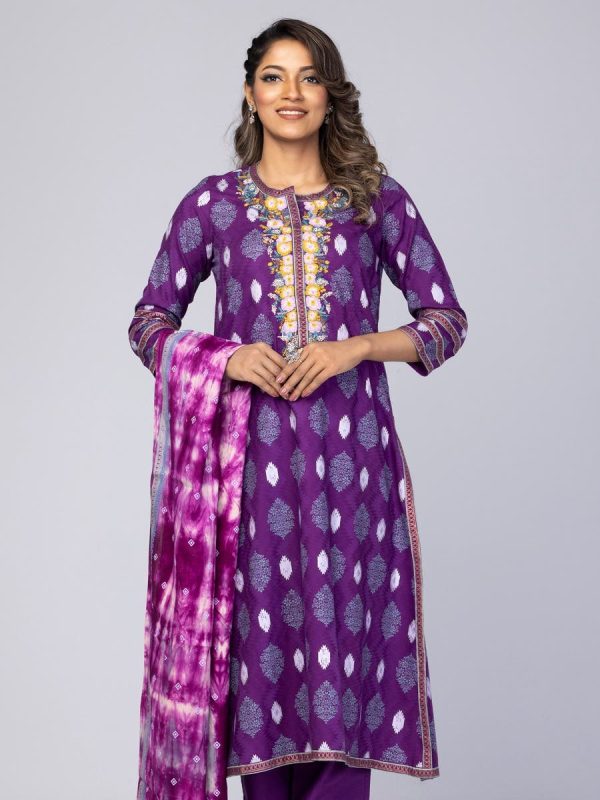 Purple Embroidered Mughal Tropical Theme Shalwar Kameez